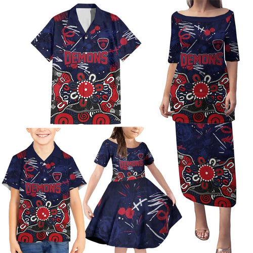 Personalized Melbourne Demons Family Matching Puletasi and Hawaiian Shirt Aboriginal Dot Painting Graffiti Style