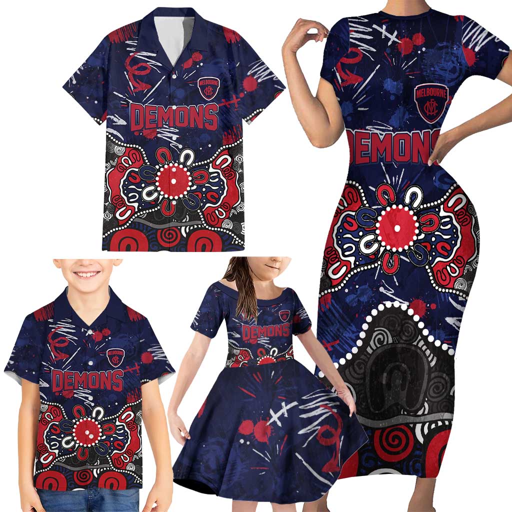 Personalized Melbourne Demons Family Matching Short Sleeve Bodycon Dress and Hawaiian Shirt Aboriginal Dot Painting Graffiti Style