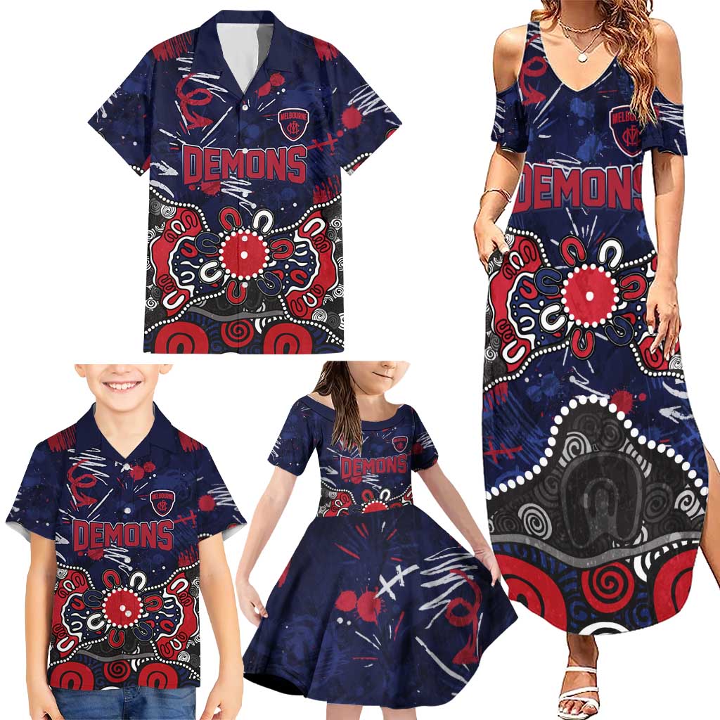 Personalized Melbourne Demons Family Matching Summer Maxi Dress and Hawaiian Shirt Aboriginal Dot Painting Graffiti Style