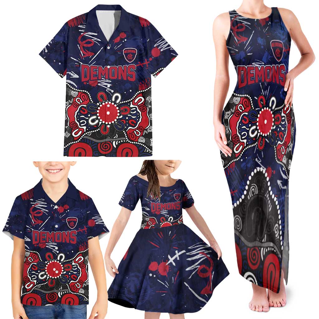 Personalized Melbourne Demons Family Matching Tank Maxi Dress and Hawaiian Shirt Aboriginal Dot Painting Graffiti Style