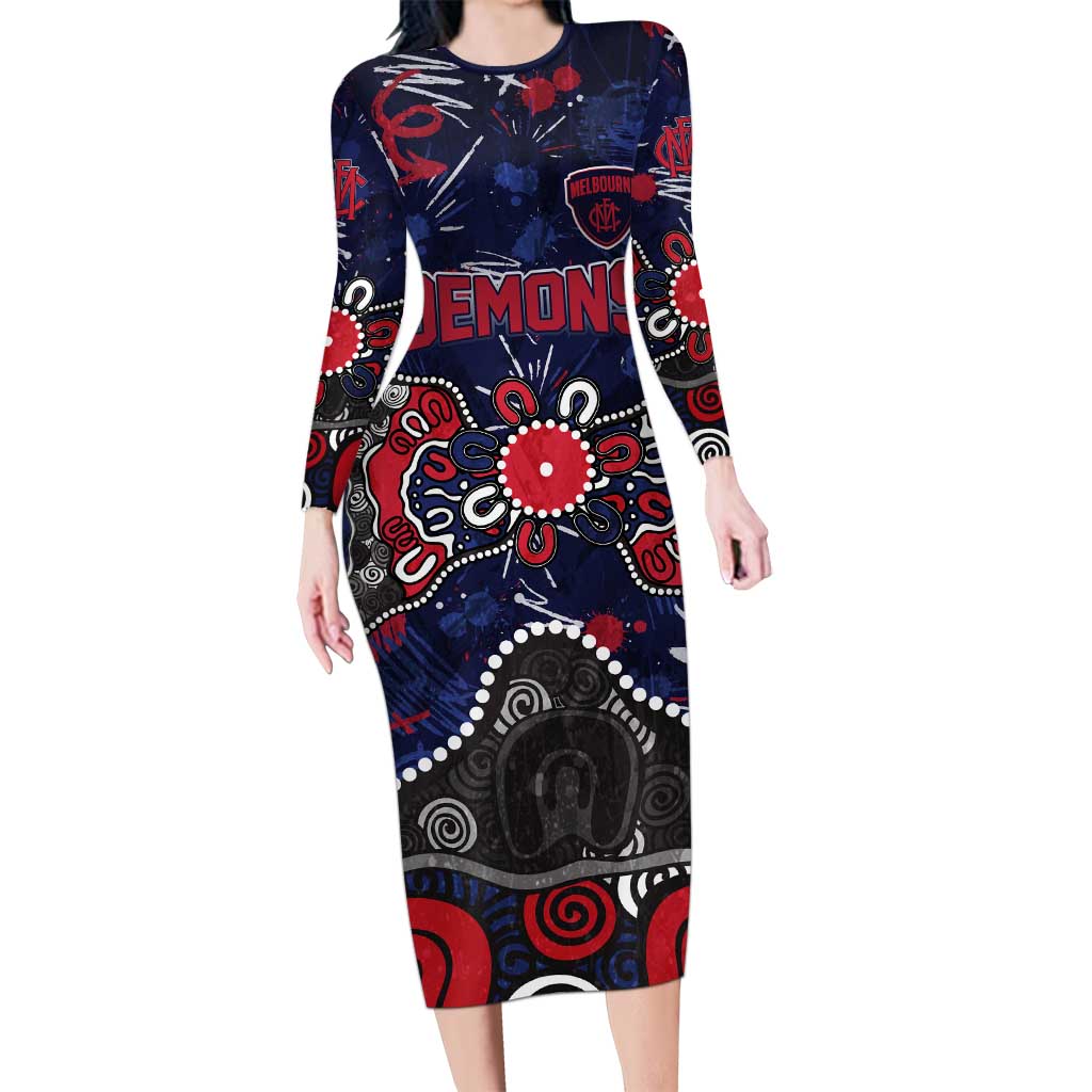 Personalized Melbourne Demons Long Sleeve Bodycon Dress Aboriginal Dot Painting Graffiti Style