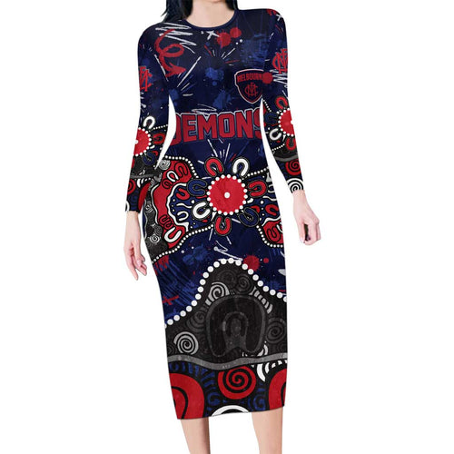 Personalized Melbourne Demons Long Sleeve Bodycon Dress Aboriginal Dot Painting Graffiti Style