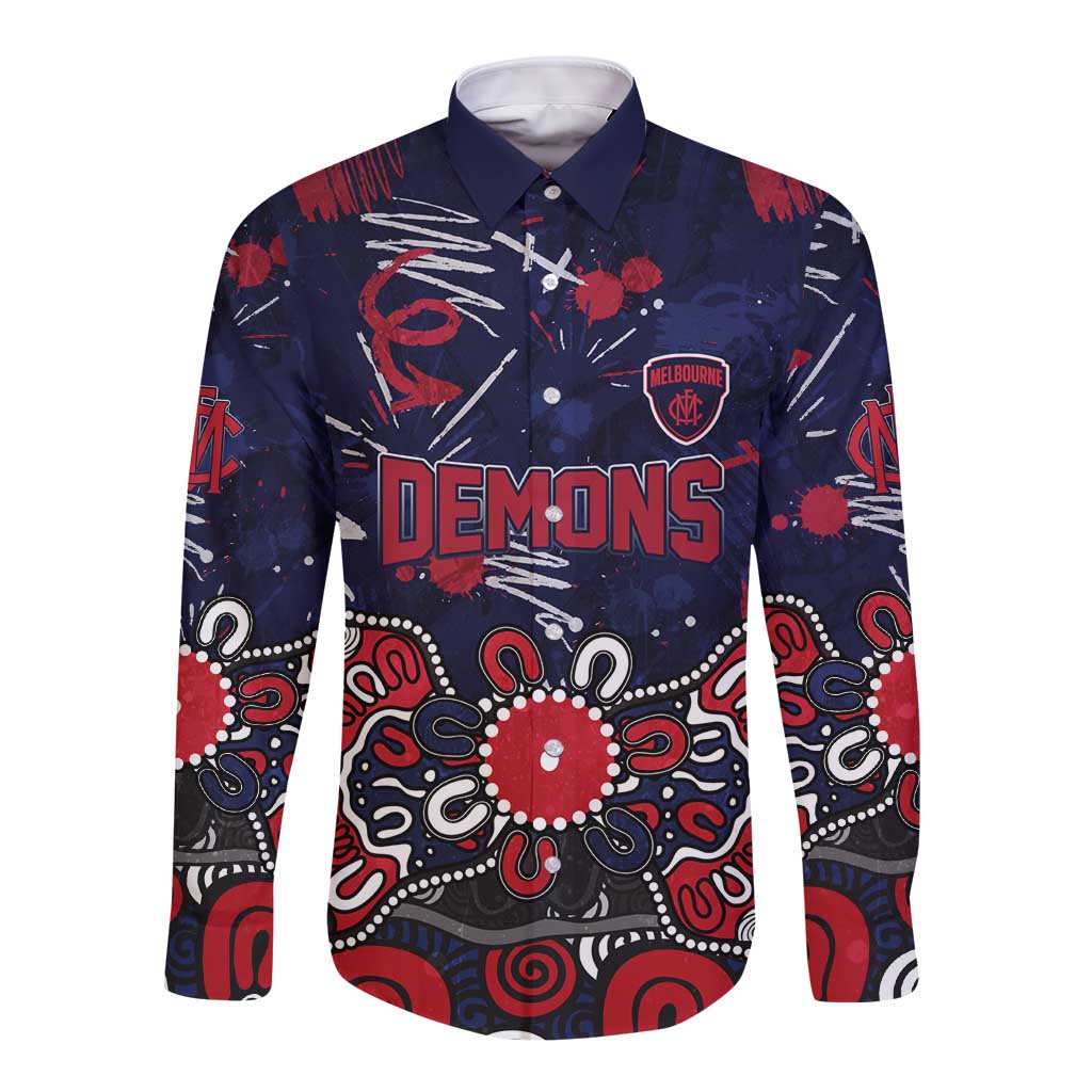 Personalized Melbourne Demons Long Sleeve Button Shirt Aboriginal Dot Painting Graffiti Style