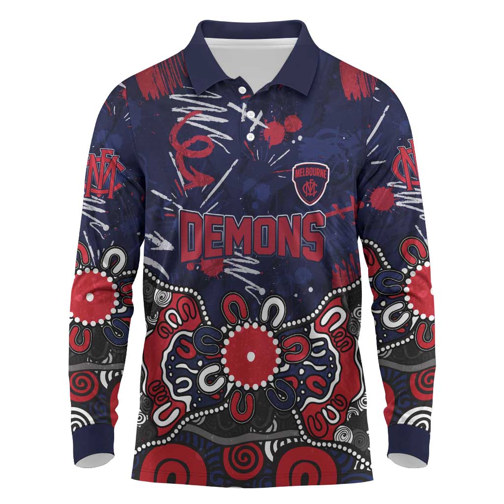 Personalized Melbourne Demons Long Sleeve Polo Shirt Aboriginal Dot Painting Graffiti Style