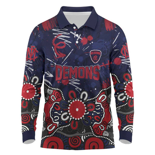 Personalized Melbourne Demons Long Sleeve Polo Shirt Aboriginal Dot Painting Graffiti Style