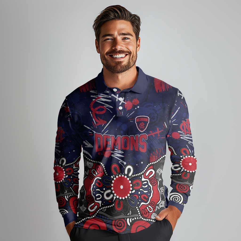 Personalized Melbourne Demons Long Sleeve Polo Shirt Aboriginal Dot Painting Graffiti Style