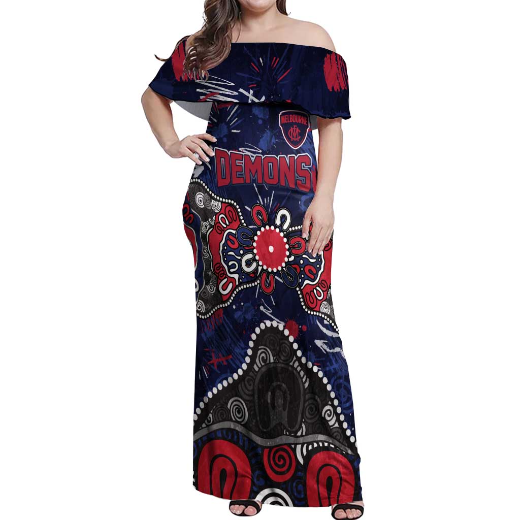 Personalized Melbourne Demons Off Shoulder Maxi Dress Aboriginal Dot Painting Graffiti Style