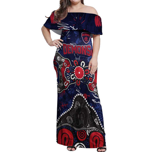 Personalized Melbourne Demons Off Shoulder Maxi Dress Aboriginal Dot Painting Graffiti Style
