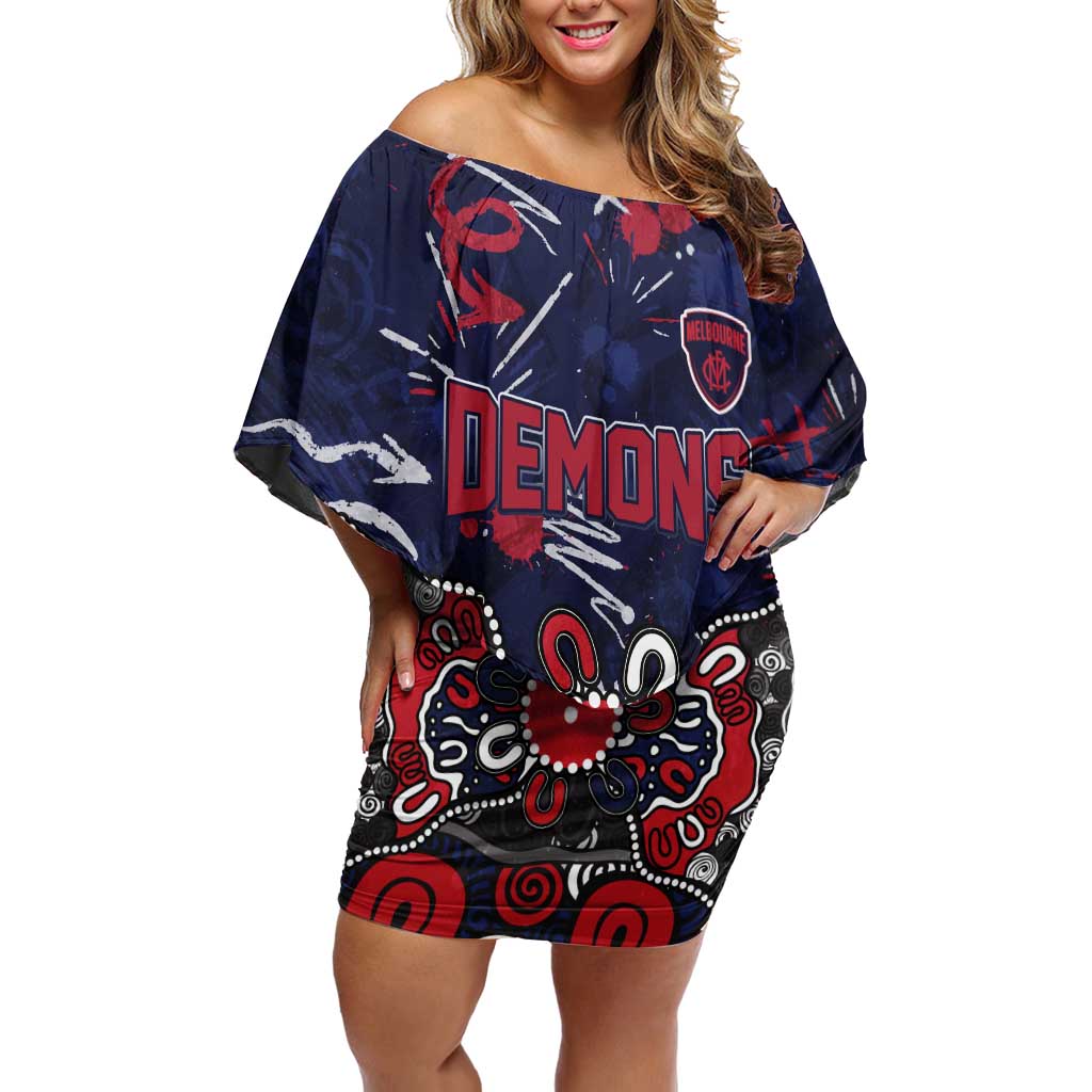 Personalized Melbourne Demons Off Shoulder Short Dress Aboriginal Dot Painting Graffiti Style