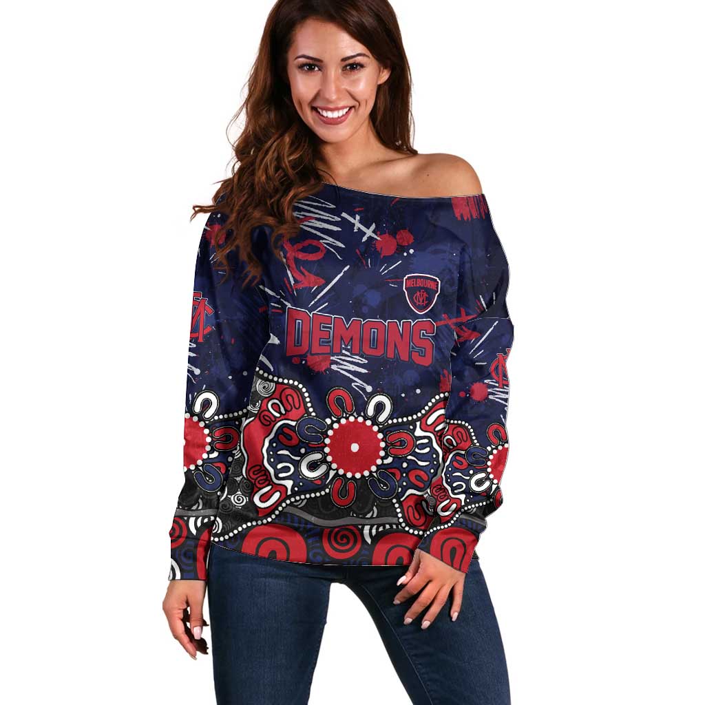 Personalized Melbourne Demons Off Shoulder Sweater Aboriginal Dot Painting Graffiti Style