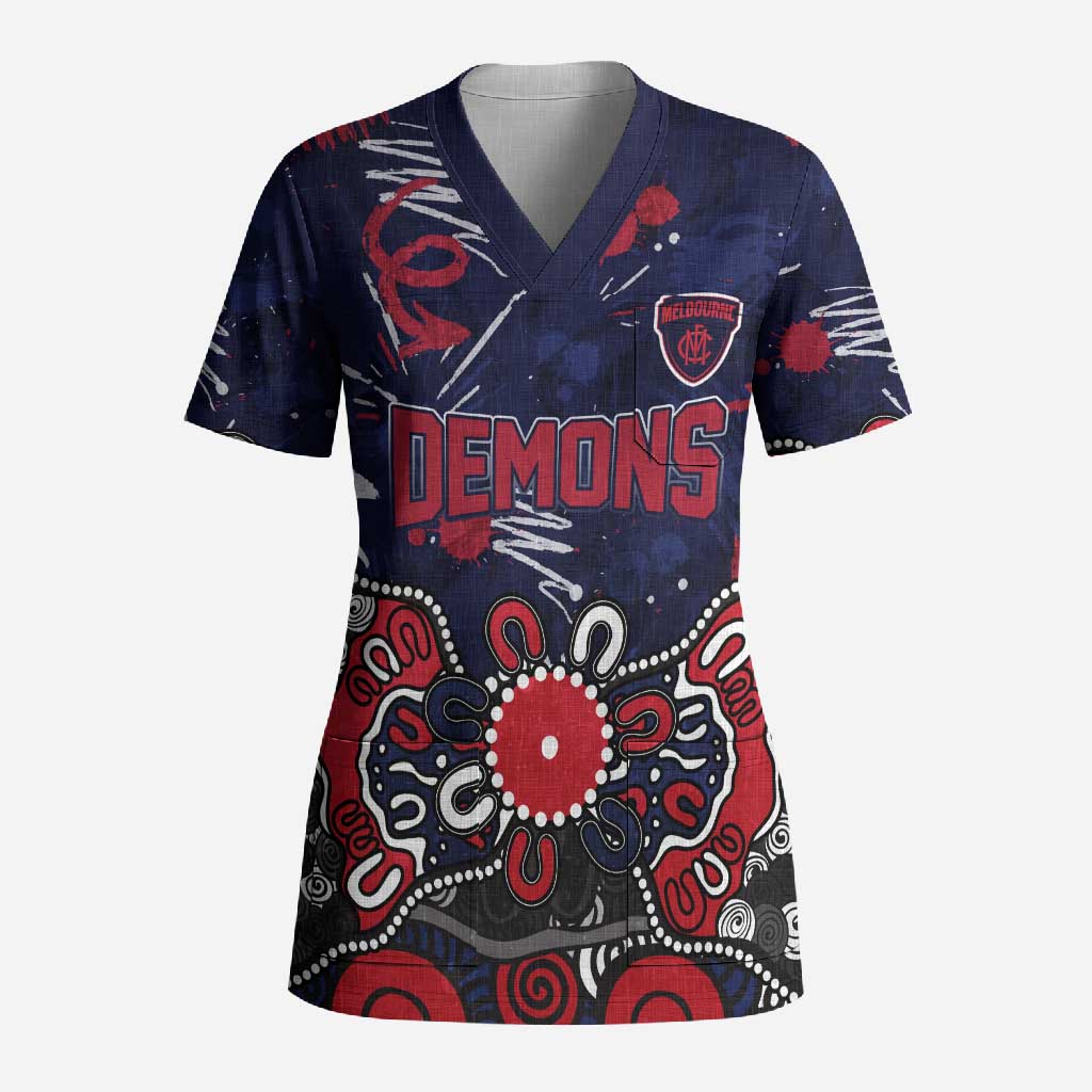 Personalized Melbourne Demons Scrub Top Aboriginal Dot Painting Graffiti Style
