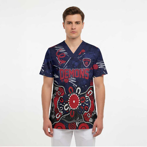 Personalized Melbourne Demons Scrub Top Aboriginal Dot Painting Graffiti Style