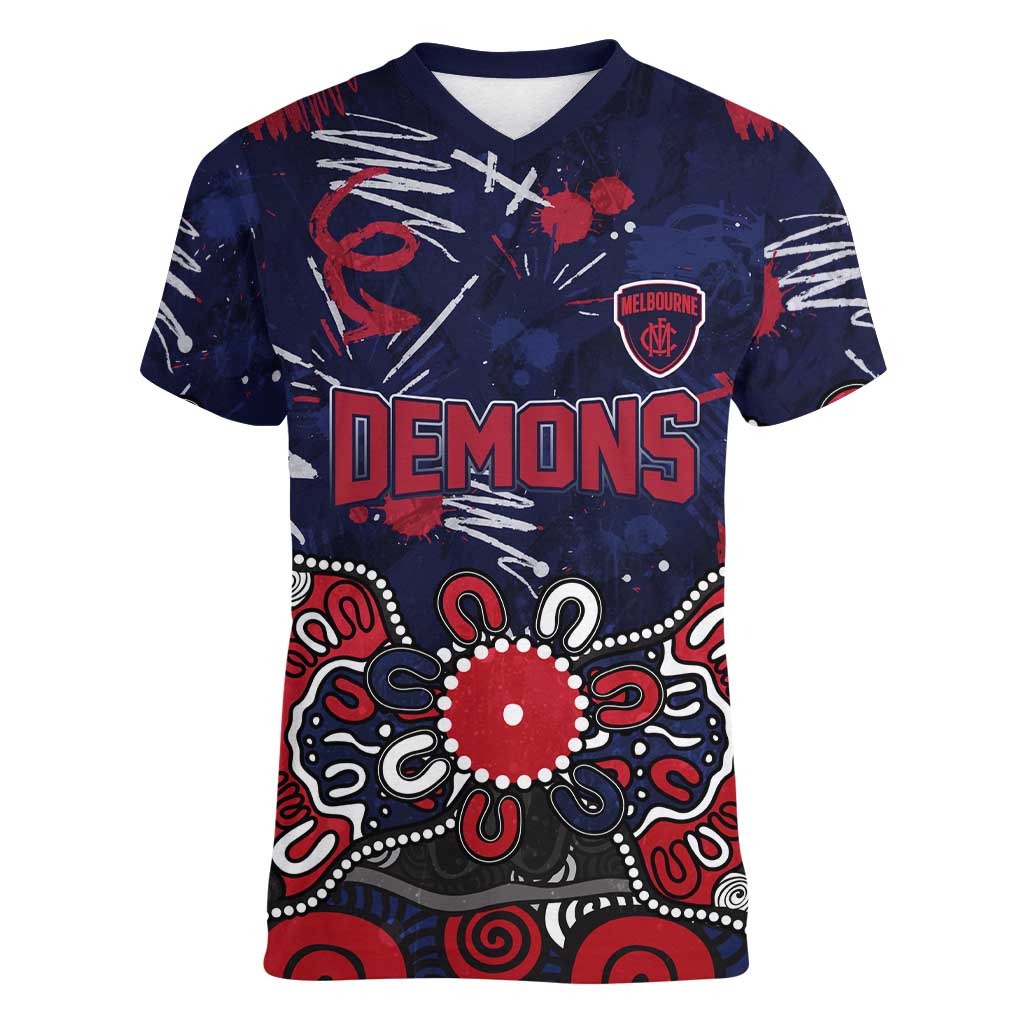 Personalized Melbourne Demons Women V-Neck T-Shirt Aboriginal Dot Painting Graffiti Style