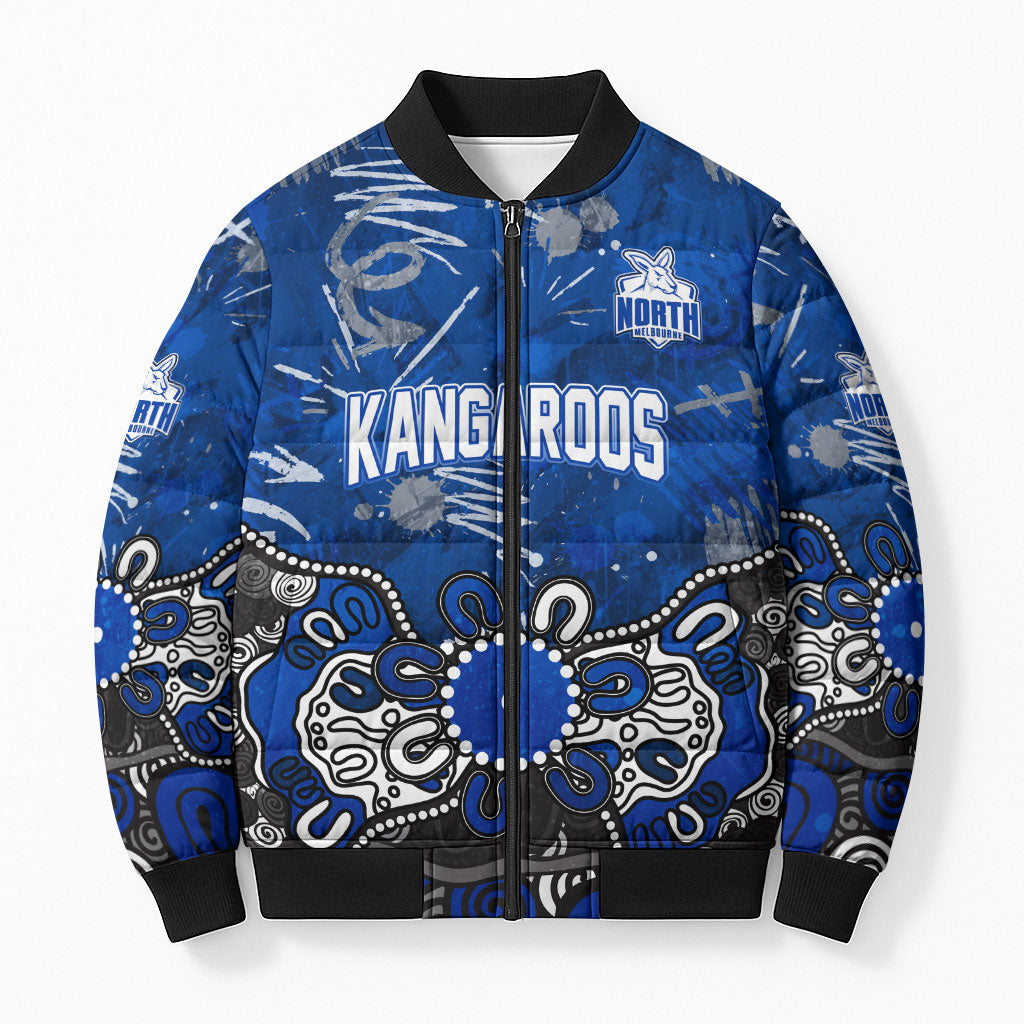 Personalized North Melbourne Kangaroos Bomber Puffer Jacket Aboriginal Dot Painting Graffiti Style