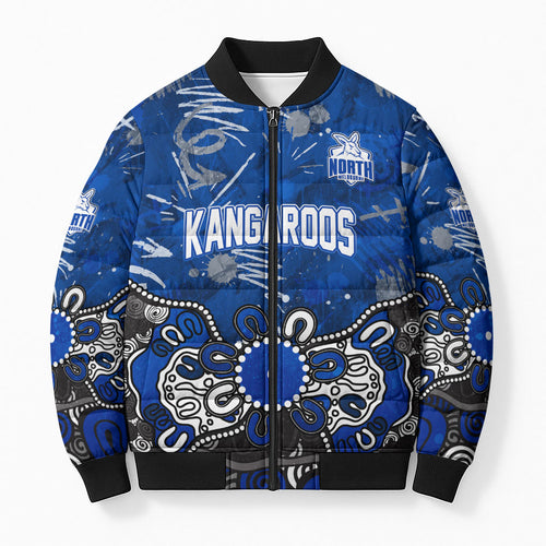 Personalized North Melbourne Kangaroos Bomber Puffer Jacket Aboriginal Dot Painting Graffiti Style