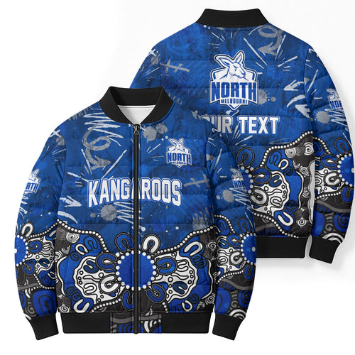 Personalized North Melbourne Kangaroos Bomber Puffer Jacket Aboriginal Dot Painting Graffiti Style