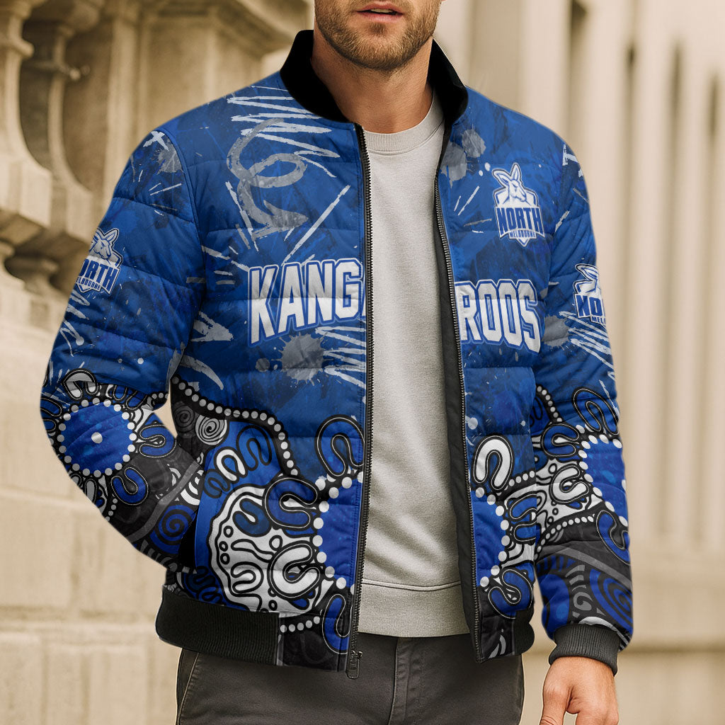 Personalized North Melbourne Kangaroos Bomber Puffer Jacket Aboriginal Dot Painting Graffiti Style