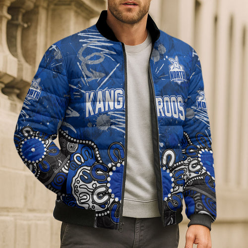 Personalized North Melbourne Kangaroos Bomber Puffer Jacket Aboriginal Dot Painting Graffiti Style