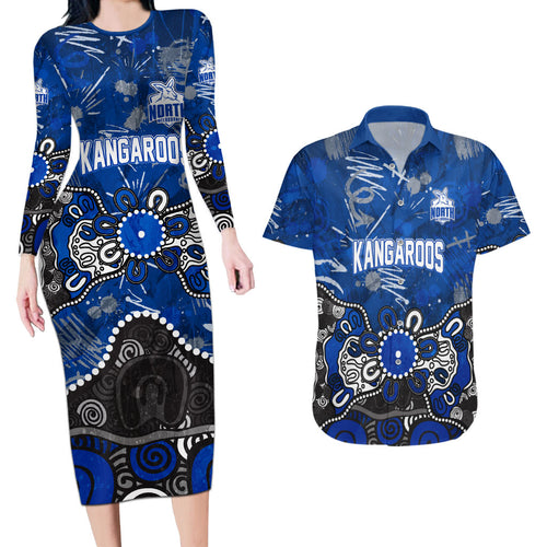 Personalized North Melbourne Kangaroos Couples Matching Long Sleeve Bodycon Dress and Hawaiian Shirt Aboriginal Dot Painting Graffiti Style