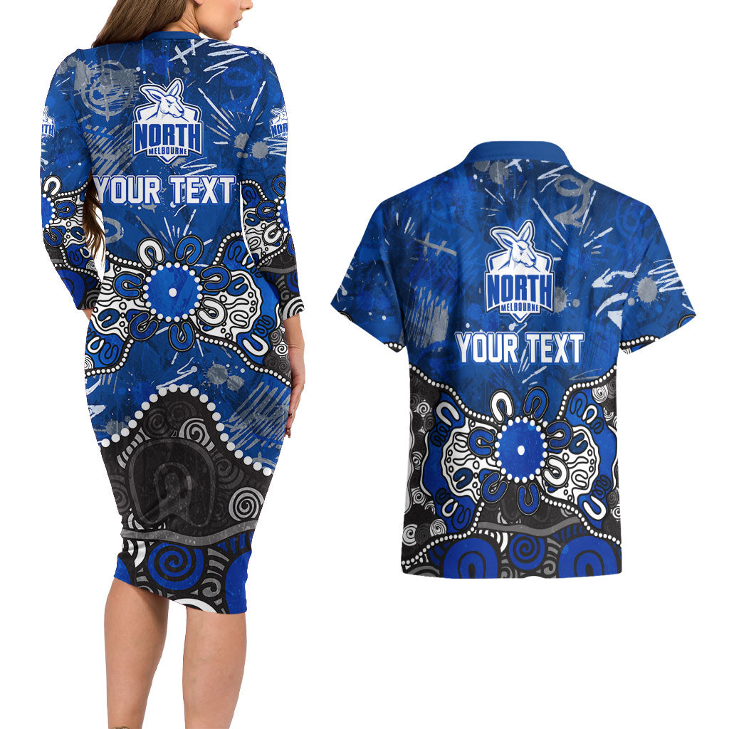 Personalized North Melbourne Kangaroos Couples Matching Long Sleeve Bodycon Dress and Hawaiian Shirt Aboriginal Dot Painting Graffiti Style