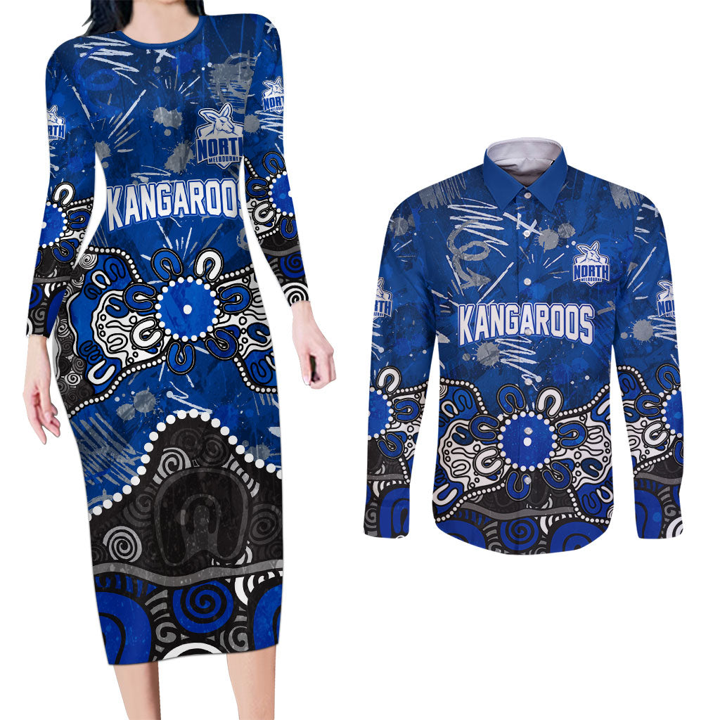 Personalized North Melbourne Kangaroos Couples Matching Long Sleeve Bodycon Dress and Long Sleeve Button Shirt Aboriginal Dot Painting Graffiti Style