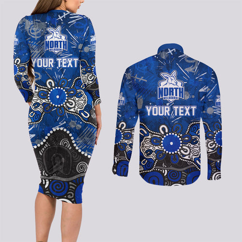 Personalized North Melbourne Kangaroos Couples Matching Long Sleeve Bodycon Dress and Long Sleeve Button Shirt Aboriginal Dot Painting Graffiti Style
