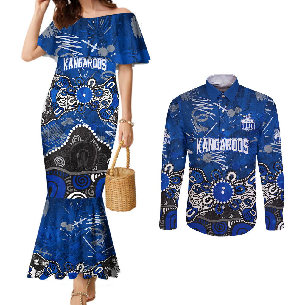 Personalized North Melbourne Kangaroos Couples Matching Mermaid Dress and Long Sleeve Button Shirt Aboriginal Dot Painting Graffiti Style