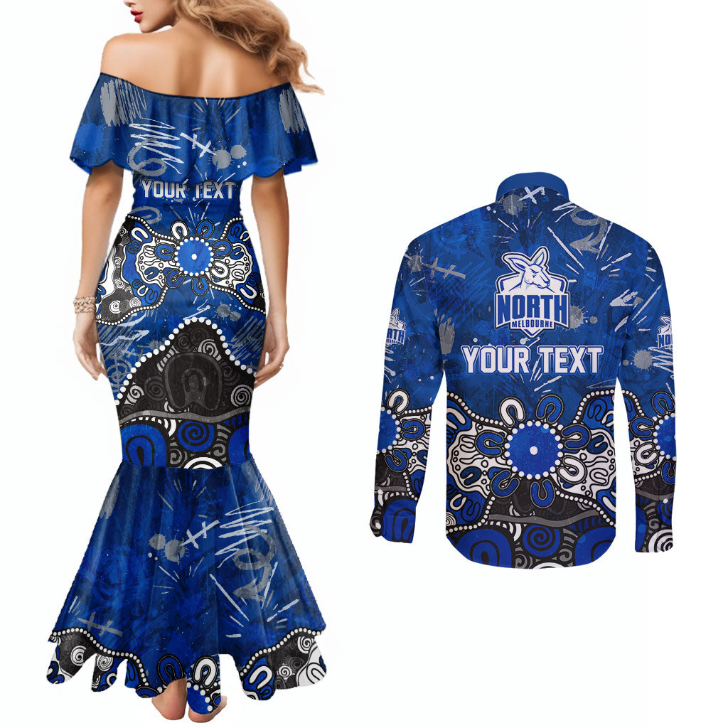 Personalized North Melbourne Kangaroos Couples Matching Mermaid Dress and Long Sleeve Button Shirt Aboriginal Dot Painting Graffiti Style