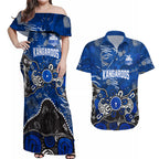 Personalized North Melbourne Kangaroos Couples Matching Off Shoulder Maxi Dress and Hawaiian Shirt Aboriginal Dot Painting Graffiti Style