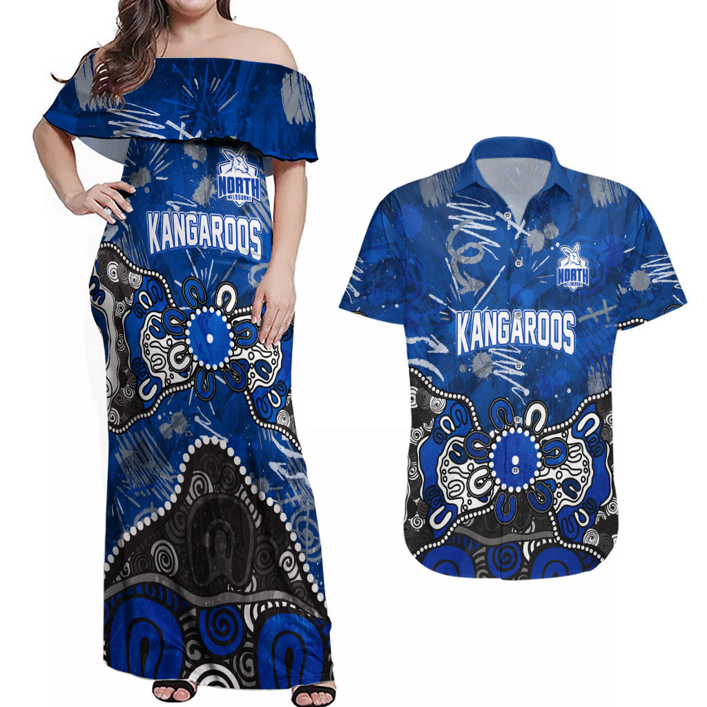 Personalized North Melbourne Kangaroos Couples Matching Off Shoulder Maxi Dress and Hawaiian Shirt Aboriginal Dot Painting Graffiti Style