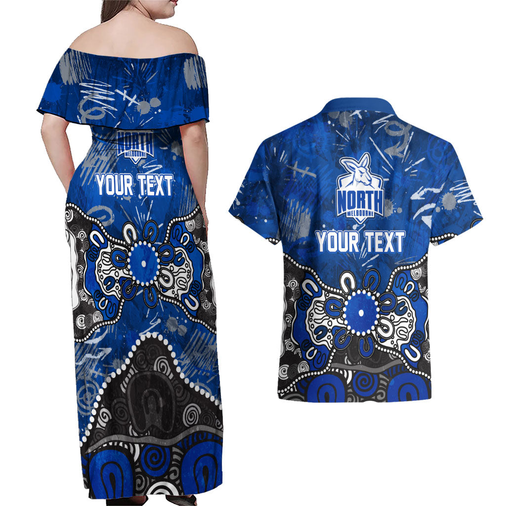 Personalized North Melbourne Kangaroos Couples Matching Off Shoulder Maxi Dress and Hawaiian Shirt Aboriginal Dot Painting Graffiti Style