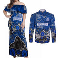 Personalized North Melbourne Kangaroos Couples Matching Off Shoulder Maxi Dress and Long Sleeve Button Shirt Aboriginal Dot Painting Graffiti Style