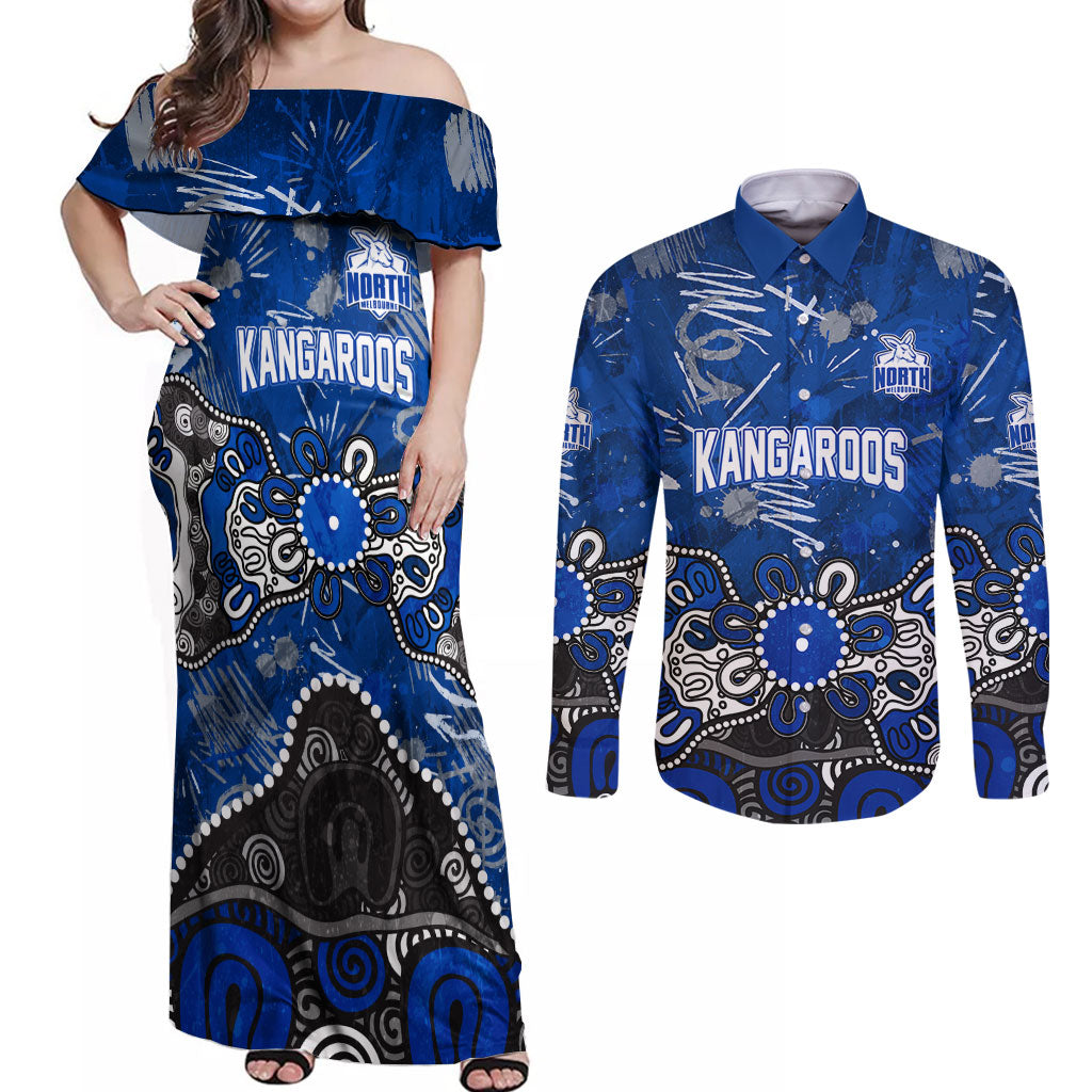 Personalized North Melbourne Kangaroos Couples Matching Off Shoulder Maxi Dress and Long Sleeve Button Shirt Aboriginal Dot Painting Graffiti Style