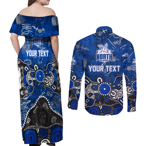 Personalized North Melbourne Kangaroos Couples Matching Off Shoulder Maxi Dress and Long Sleeve Button Shirt Aboriginal Dot Painting Graffiti Style