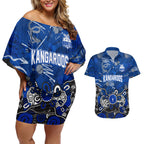 Personalized North Melbourne Kangaroos Couples Matching Off Shoulder Short Dress and Hawaiian Shirt Aboriginal Dot Painting Graffiti Style