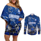 Personalized North Melbourne Kangaroos Couples Matching Off Shoulder Short Dress and Long Sleeve Button Shirt Aboriginal Dot Painting Graffiti Style