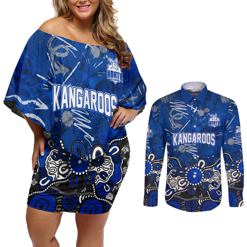 Personalized North Melbourne Kangaroos Couples Matching Off Shoulder Short Dress and Long Sleeve Button Shirt Aboriginal Dot Painting Graffiti Style
