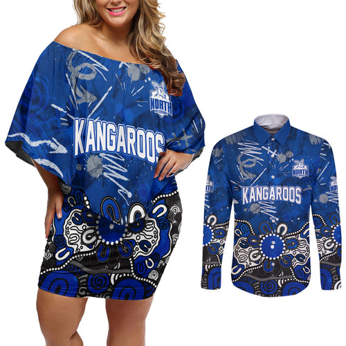 Personalized North Melbourne Kangaroos Couples Matching Off Shoulder Short Dress and Long Sleeve Button Shirt Aboriginal Dot Painting Graffiti Style