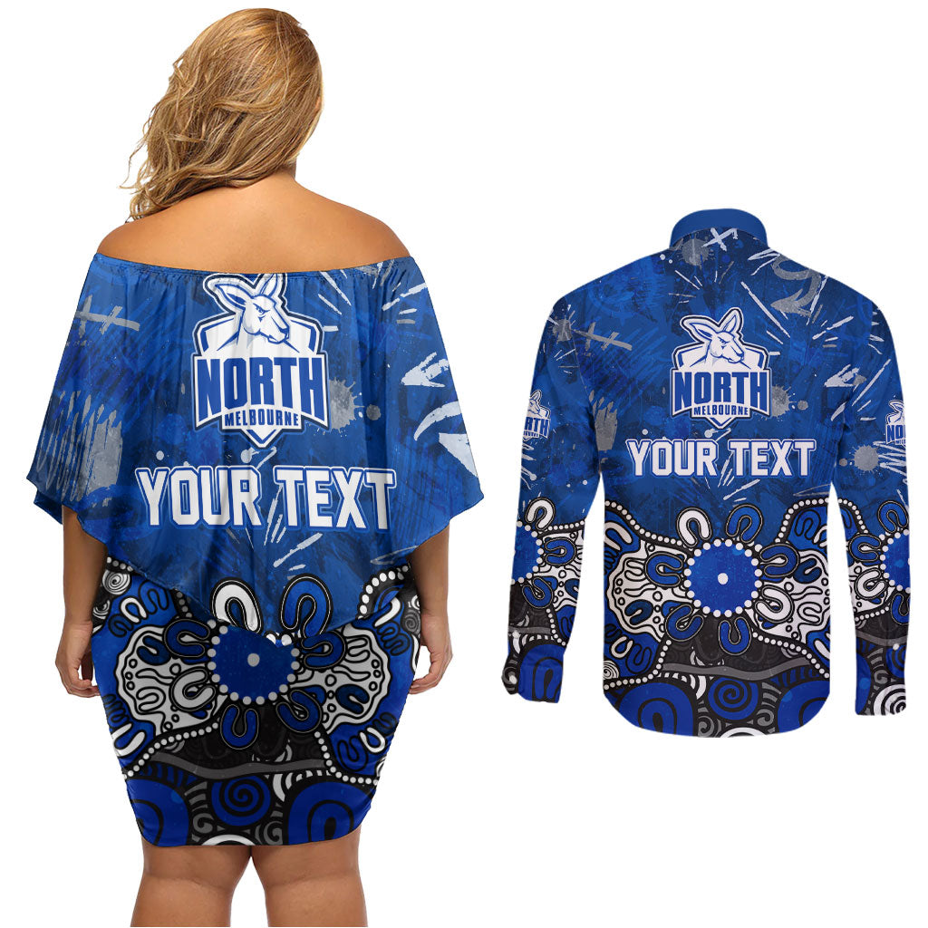 Personalized North Melbourne Kangaroos Couples Matching Off Shoulder Short Dress and Long Sleeve Button Shirt Aboriginal Dot Painting Graffiti Style