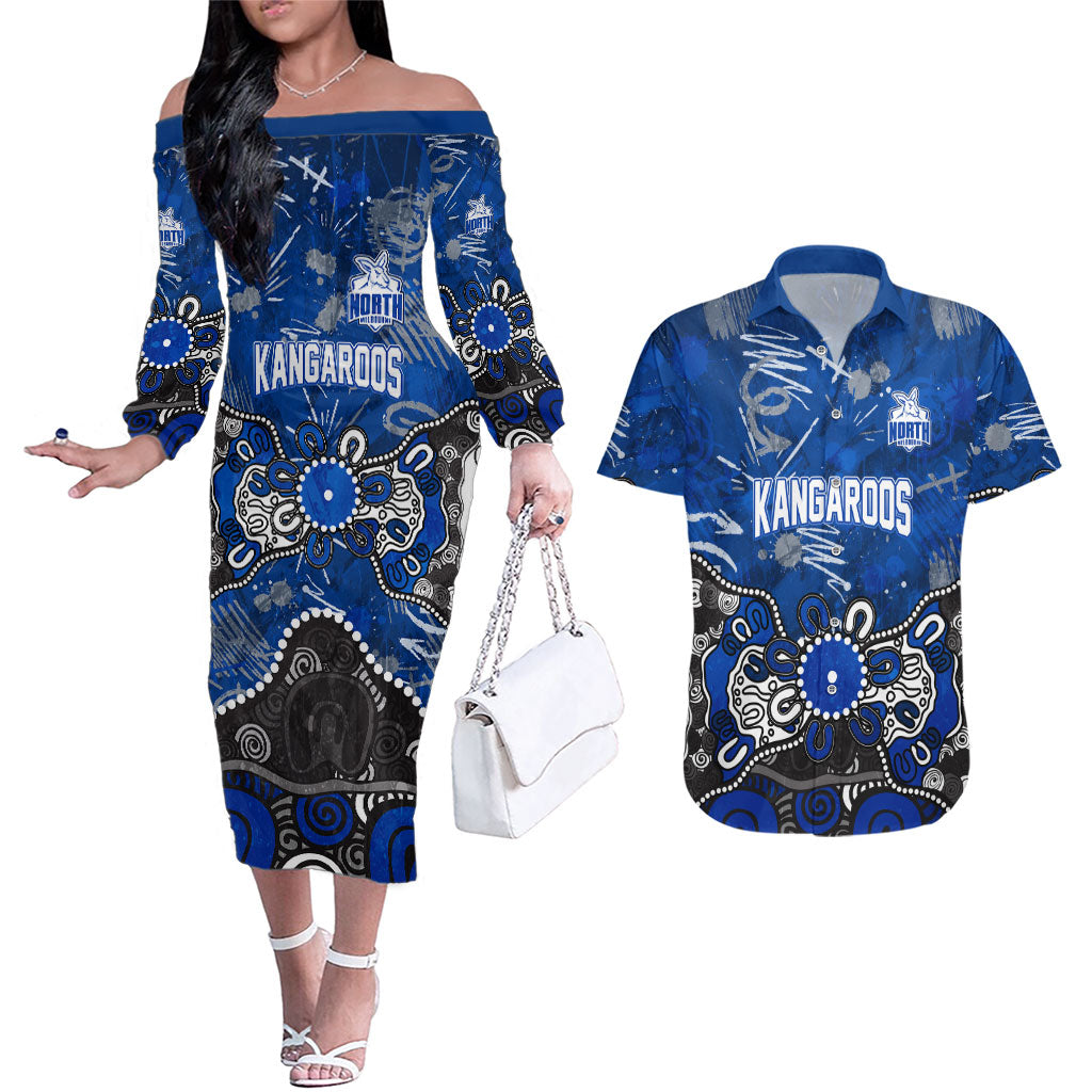 Personalized North Melbourne Kangaroos Couples Matching Off The Shoulder Long Sleeve Dress and Hawaiian Shirt Aboriginal Dot Painting Graffiti Style