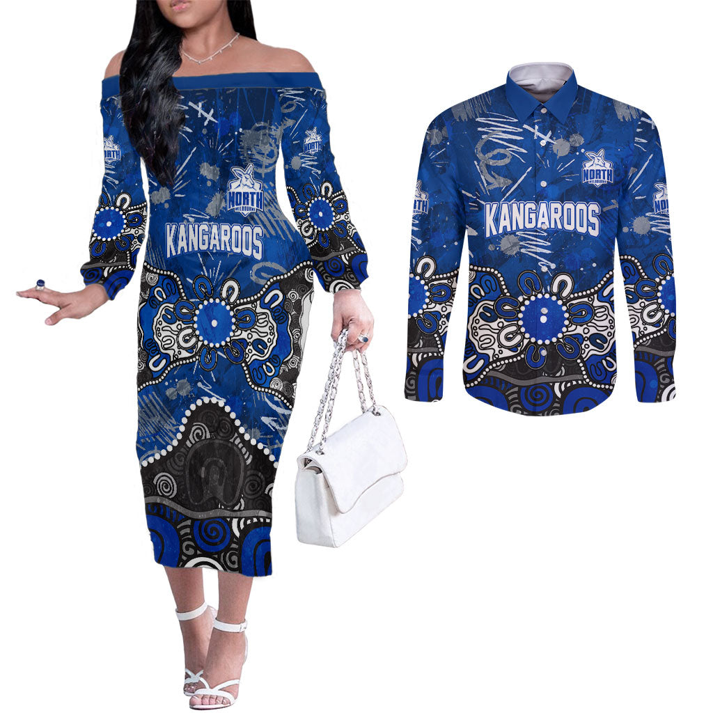 Personalized North Melbourne Kangaroos Couples Matching Off The Shoulder Long Sleeve Dress and Long Sleeve Button Shirt Aboriginal Dot Painting Graffiti Style