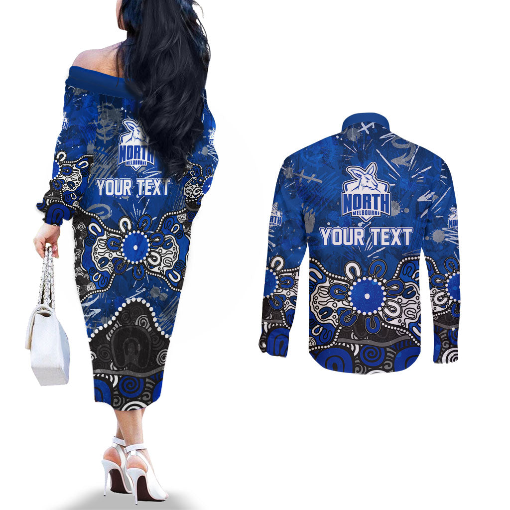 Personalized North Melbourne Kangaroos Couples Matching Off The Shoulder Long Sleeve Dress and Long Sleeve Button Shirt Aboriginal Dot Painting Graffiti Style