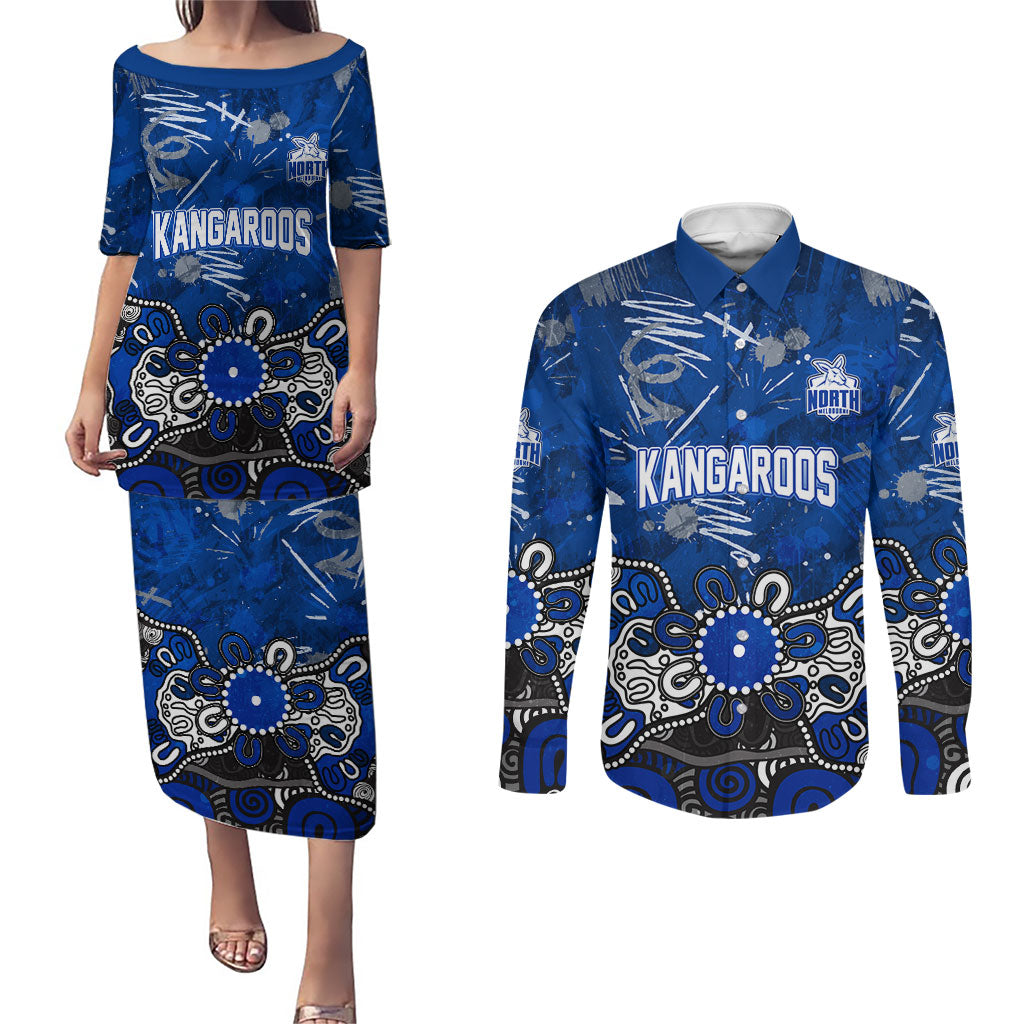 Personalized North Melbourne Kangaroos Couples Matching Puletasi and Long Sleeve Button Shirt Aboriginal Dot Painting Graffiti Style