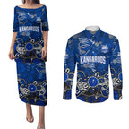 Personalized North Melbourne Kangaroos Couples Matching Puletasi and Long Sleeve Button Shirt Aboriginal Dot Painting Graffiti Style