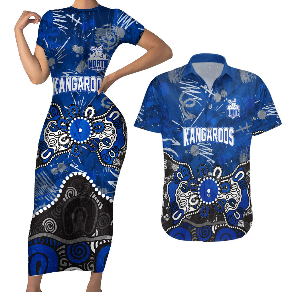 Personalized North Melbourne Kangaroos Couples Matching Short Sleeve Bodycon Dress and Hawaiian Shirt Aboriginal Dot Painting Graffiti Style