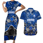 Personalized North Melbourne Kangaroos Couples Matching Short Sleeve Bodycon Dress and Hawaiian Shirt Aboriginal Dot Painting Graffiti Style
