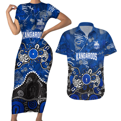 Personalized North Melbourne Kangaroos Couples Matching Short Sleeve Bodycon Dress and Hawaiian Shirt Aboriginal Dot Painting Graffiti Style