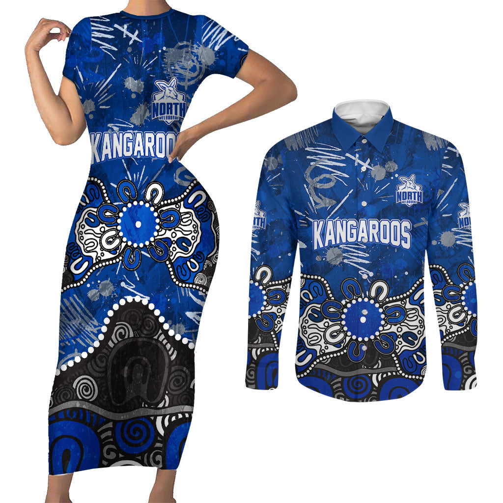 Personalized North Melbourne Kangaroos Couples Matching Short Sleeve Bodycon Dress and Long Sleeve Button Shirt Aboriginal Dot Painting Graffiti Style