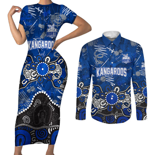 Personalized North Melbourne Kangaroos Couples Matching Short Sleeve Bodycon Dress and Long Sleeve Button Shirt Aboriginal Dot Painting Graffiti Style