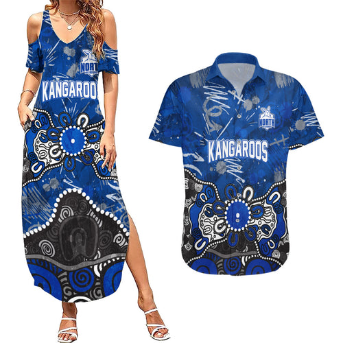 Personalized North Melbourne Kangaroos Couples Matching Summer Maxi Dress and Hawaiian Shirt Aboriginal Dot Painting Graffiti Style